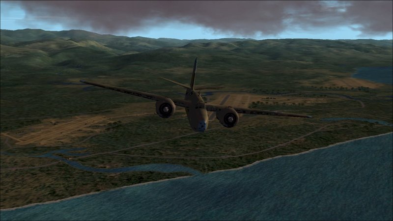 Flying NE over Lunga Point with (L to R) Fighter I, Henderson Field and Kokum Field (Fighter II) in distance.